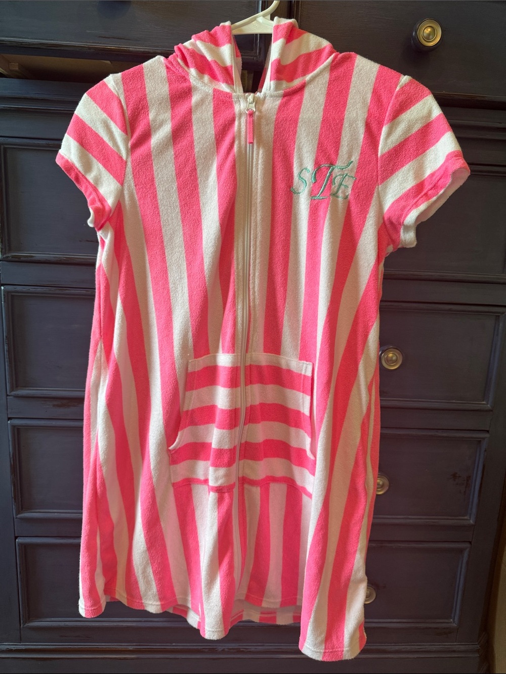 Girls Striped Hooded Swim Coverup with Monogram